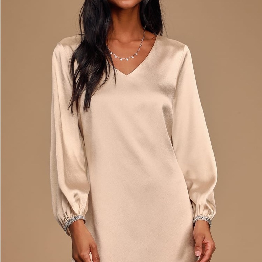 Lulus Take My Love Champagne Satin Rhinestone shift dress. Size M